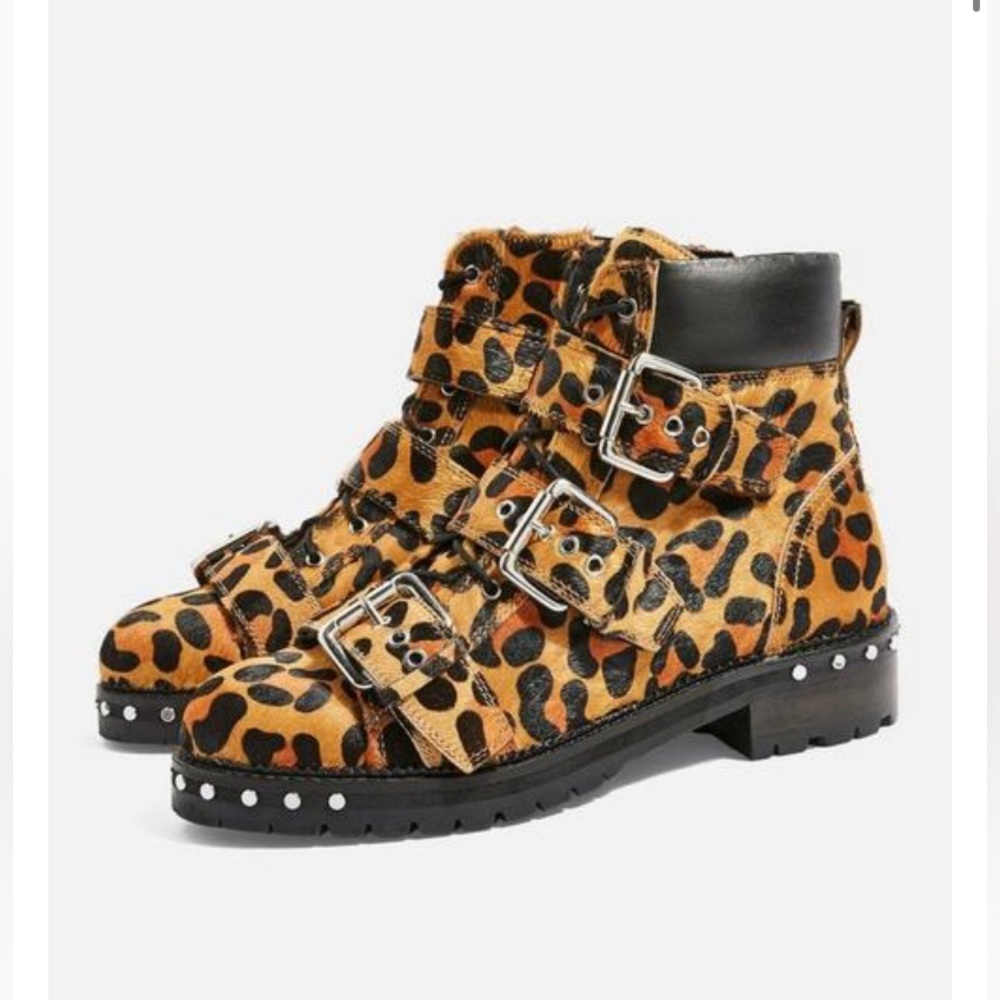 Topshop leather calf hair leopard print ankle boots